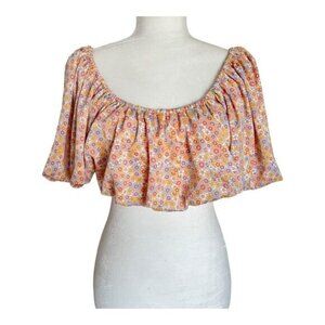 Zara Peach Floral Satin Effect Off The Shoulder Cropped Blouse